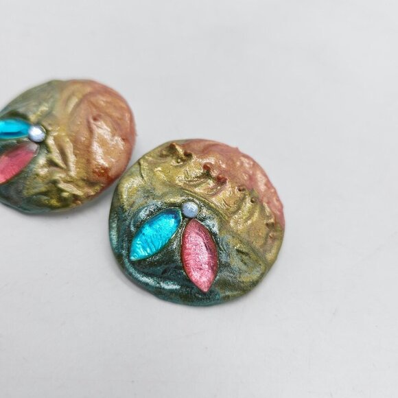 Vintage 1980s Enamel Circular Post Earrings With Rhinestone Leaf Accents - Picture 2 of 4